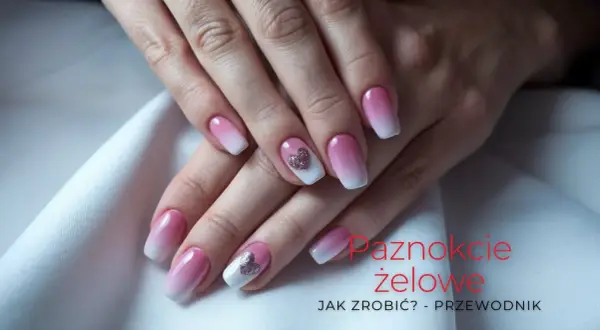 Dłonie z pięknymi paznokciami żelowymi w stylu ombre, zdobione brokatowymi serduszkami.