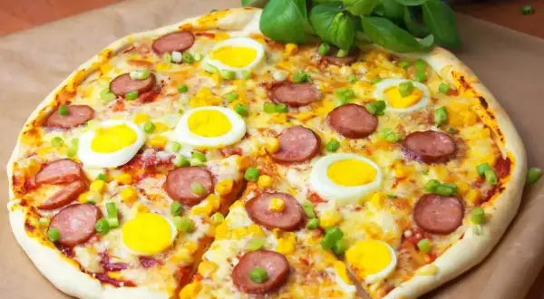 Pyszna pizza z jajkiem, kiełbasą i kukurydzą, ozdobiona zieloną cebulką i bazylią.