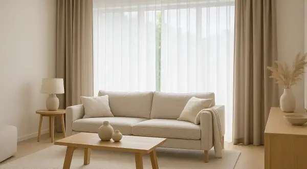 Sofá beige, mesa de centro de madera y cortinas de lino, un ejemplo de las últimas tendencias en cortinas para salón.