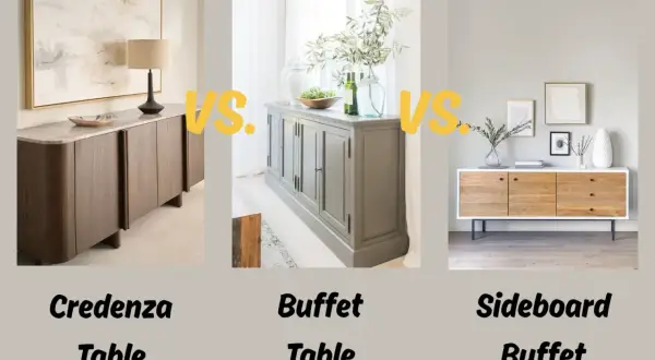 Three furniture pieces: a credenza table, a buffet table, and a sideboard buffet, are shown side-by-side, illustrating the sideboard vs credenza debate.