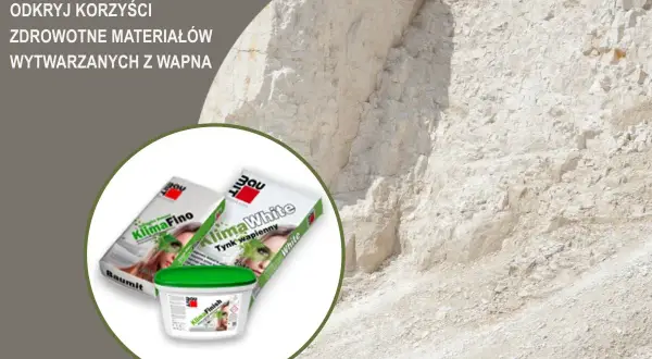 Odkryj zdrowe materiały budowlane z wapna. Na zdjęciu opakowania tynków wapiennych Klima Fino i Klima White.