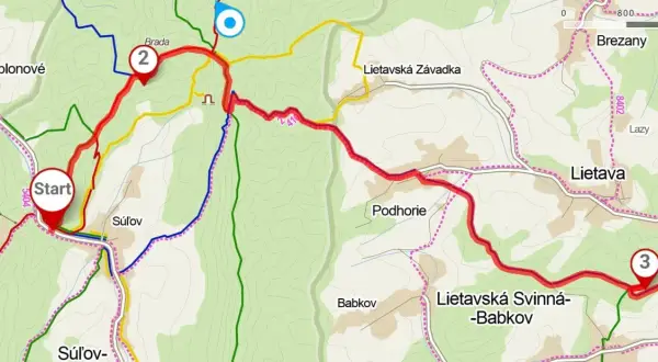 Mapa szlaku turystycznego w Słowacji, prowadzącego przez tereny skalne. Start w Jablonové, meta w Lietavie.