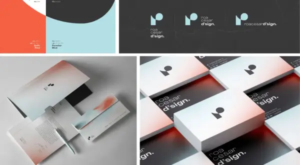 Modern branding trends showcase a minimalist logo with a gradient of soft red, blue, and white on stationery and business cards.