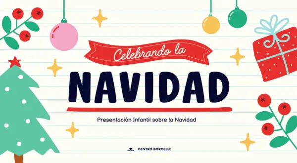 Decoración festiva con un árbol de Navidad, regalos y adornos. El título "Celebrando la NAVIDAD" usa letras bonitas navideñas, ideal para una presentación infantil.