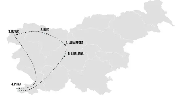 Route für eine slowenien rundreise: LJU Airport, Bled, Bovec, Piran und Ljubljana.