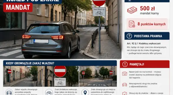 Wjazd pod zakaz, grozi mandat 500 zł i 8 punktów karnych. Znak zakazu wjazdu z tabliczką "nie dotyczy rowerów" na ulicy.