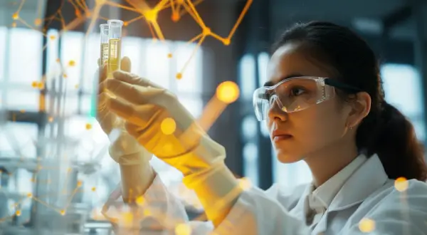 Naukowczyni w okularach ochronnych analizuje próbki w probówkach, prowadząc zaawansowane badania molekularne w hematologii.