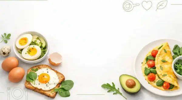 Idealne dietetyczne śniadanie: jajka na twardo, jajko sadzone na grzance, omlet z pomidorkami i awokado.
