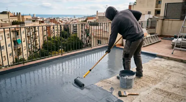 Hombre con capucha aplica pintura gris con rodillo para impermeabilizar pared exterior de terraza.