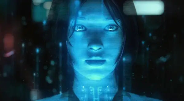 Twarz Cortany, niebieska, holograficzna postać z gry Halo. Czy to jest to, co masz na myśli pytając "Cortana co to jest"?