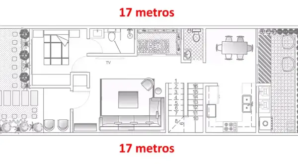 Plano de un chalet adosado de 17x6 metros, mostrando distribución de salón, cocina, dormitorio, baños y jardín.