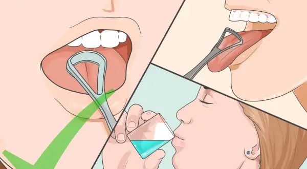 Immagine mostra come pulire la lingua con un puliscilingua e poi sciacquare la bocca.