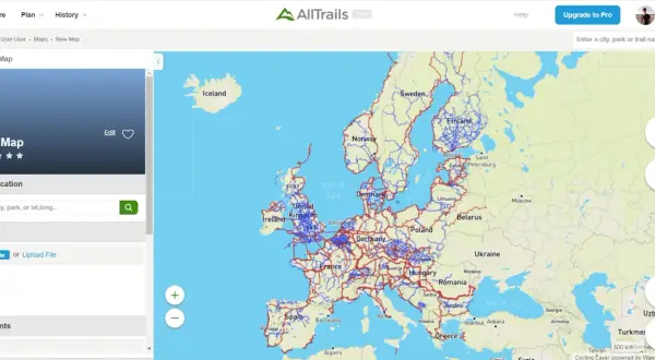 Mapa Europy z zaznaczonymi trasami rowerowymi. Planuj swoje podróże po Europie, odkrywaj nowe trasy rowerowe.