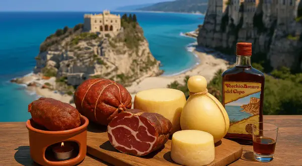 Sapori calabresi: salumi, formaggi e un burrino calabrese con vista su Tropea.
