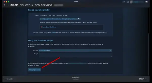 Prośba o zwrot pieniędzy za grę Cook, Serve, Delicious! na Steam. Proces podobny do tego, jak zwrócić grę na Xbox.