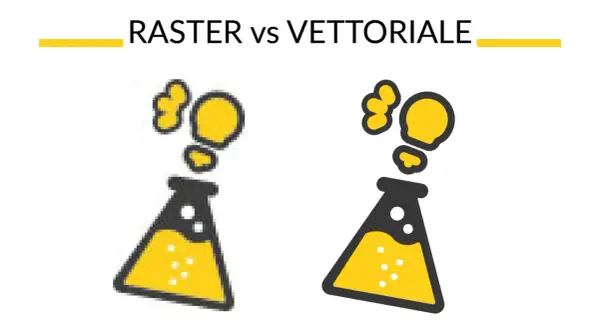 Illustrazione che mostra la differenza tra raster e vettoriale: un'immagine pixelata a sinistra e una nitida a destra, entrambe con una fiaschetta da laboratorio e bollicine.