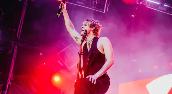 Luke Hemmings z 5 Seconds of Summer Polska na koncercie, z mikrofonem w dłoni i gitarą.