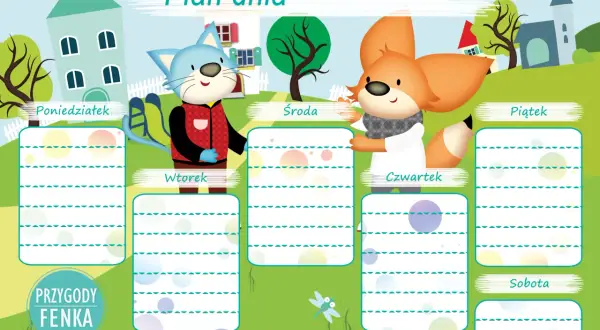 Plan dnia dla dziecka z kotkiem i liskiem. Pomaga zaplanować tydzień od poniedziałku do soboty.