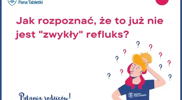 Zastanawiasz się, czy to refluks u niemowlaka? Ilustracja pokazuje rodzica z dzieckiem na ramionach, otoczonego znakami zapytania, sugerującymi wątpliwości.