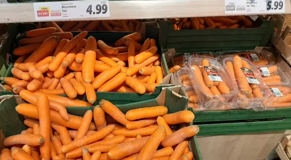 Świeże, pomarańczowe marchewki luzem i w paczkach. Ceny marchwi kuszą: 4.99 i 5.99 za kilogram.