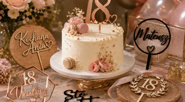 Elegancki tort na 18. urodziny z ozdobami, w tym topperem "18" i imieniem "Mateusz".