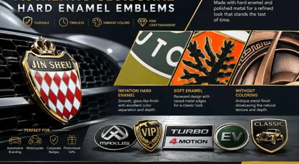 Elegancki emblemat z logo Jin Sheu, wykonany techniką cloisonné, prezentuje różne rodzaje wykończeń: imitacja twardego emaliowania, miękkie emaliowanie i wykończenie bezbarwne.
