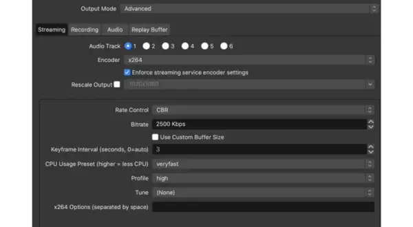 Adjusting streaming settings: x264 encoder, 2500 Kbps bitrate, and 'veryfast' CPU preset for optimal performance.