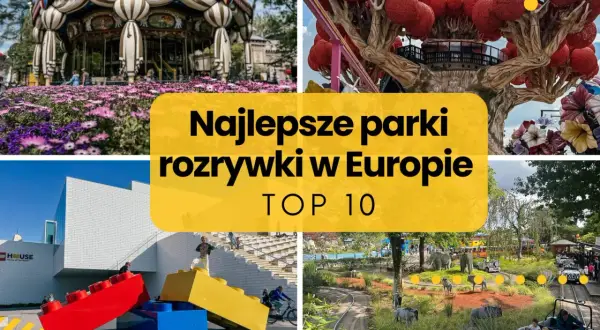 Najlepsze parki rozrywki w Europie: karuzela, baśniowe drzewo, budynek z klocków Lego i przejażdżka z figurkami zwierząt.