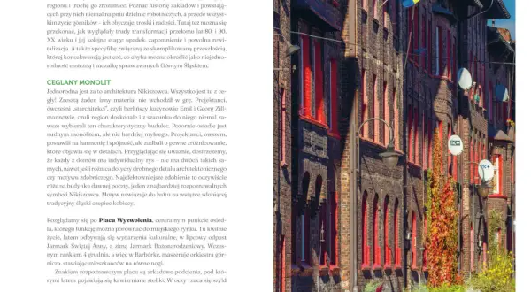 Ceglana zabudowa Nikiszowca, przykład architektury z książek o Śląsku. Czerwone okna i detale architektoniczne.