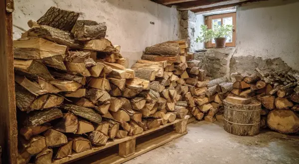 Holz im Keller trocknen: Große Stapel gespaltenes Brennholz lagern auf Paletten und am Boden. Ein Fenster lässt Licht herein.