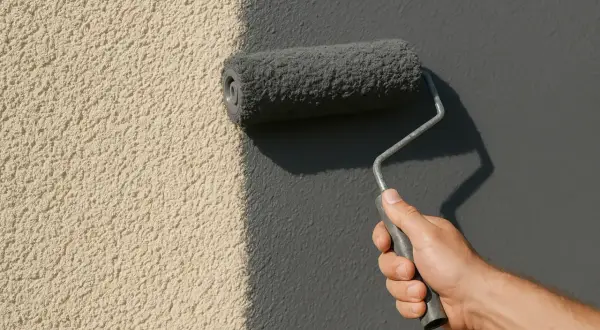 Main d'une personne appliquant une peinture sur enduit texturé, transformant une surface beige en un gris moderne.