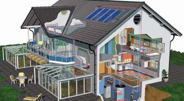 Schema di un edificio nzeb con pannelli solari, riscaldamento a pavimento e sistema di pompe di calore.