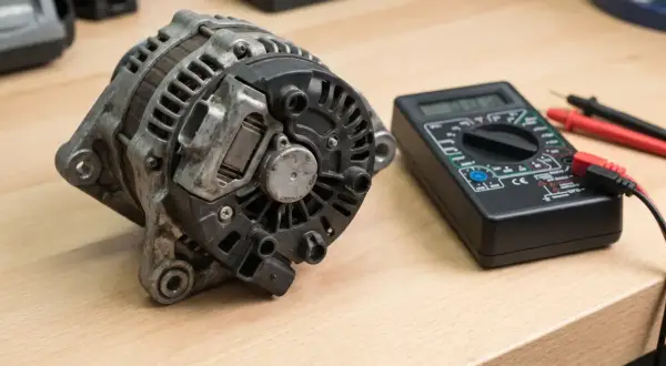 Uszkodzony regulator napięcia objawy: alternator i multimetr na drewnianym blacie.