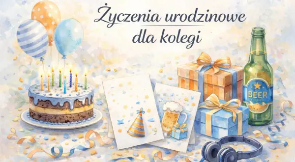 Wesołe życzenia urodzinowe dla kolegi: tort, balony, prezenty, piwo i słuchawki.