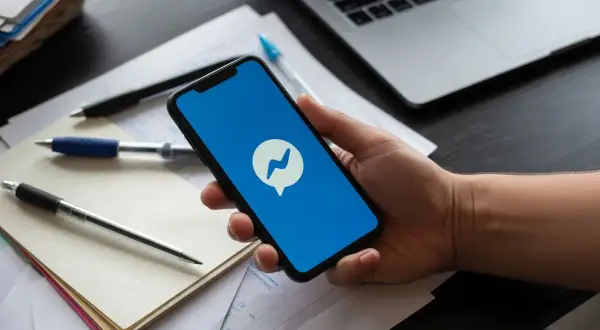 Dłoń trzyma smartfon z ikoną Messengera. Szukasz informacji, jak dezaktywować Messenger?