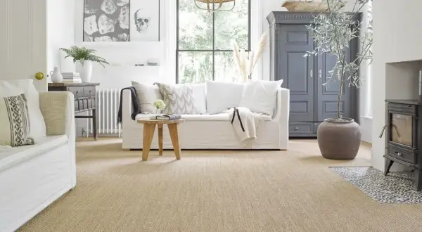 Un salon cosy avec un tapis en jonc de mer, idéal pour un style naturel. Avantages : esthétique, inconvénients : entretien.