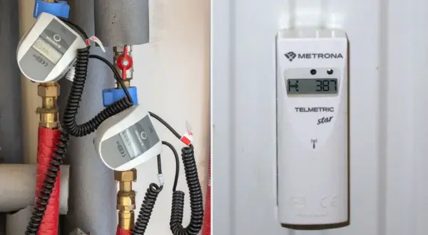 Dwa podzielniki ciepła na rurach grzewczych i jeden na grzejniku pokazują, jak działa podzielnik ciepła, mierząc zużycie energii.
