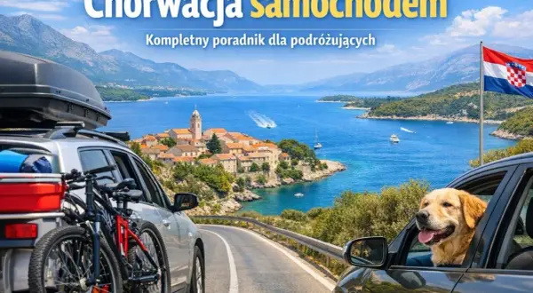 Dwa samochody na drodze z widokiem na chorwackie wybrzeże, jeden z rowerami, drugi z psem w oknie.