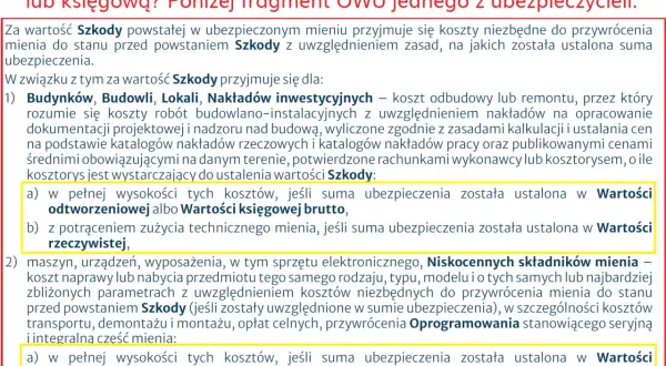 Fragment OWU wyjaśnia, jak ustalana jest wartość szkody w ubezpieczeniu lokalu użytkowego, uwzględniając koszty odbudowy lub remontu.