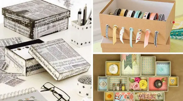 Idee lavoretti con scatole di scarpe: scatole decorate con giornali, porta nastri e contenitori a cassetti.