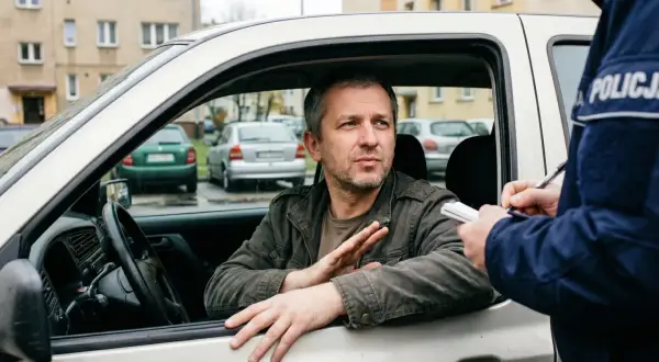 Policjant wypisuje mandat karny kierowcy, który siedzi w samochodzie i gestykuluje.