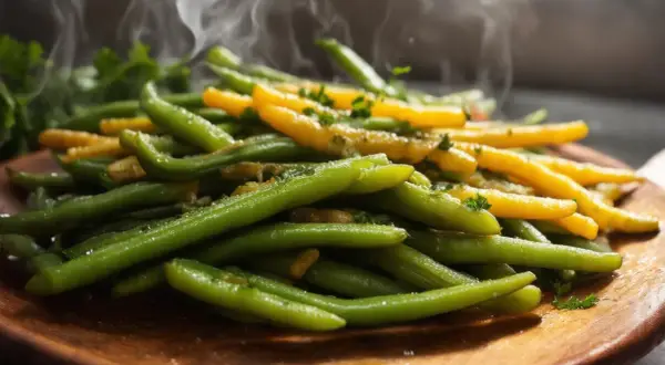 Parująca fasolka szparagowa, zielona i żółta, na drewnianej desce. Idealna do obiadu, a ile gotowac fasole szparagowa? Krótko!