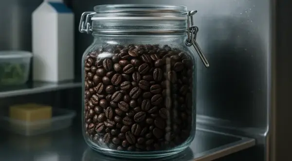 En glasburk fylld med mörka kaffebönor står på en hylla. Frågan är, kan kaffe bli gammalt?