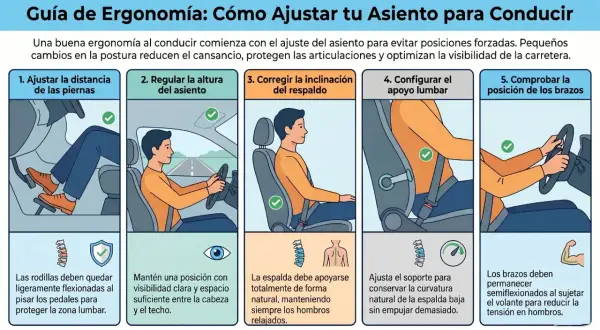 Guía para una **posición correcta para conducir**: ajusta piernas, altura, respaldo, lumbar y brazos para mayor comodidad y seguridad.