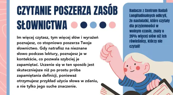 Ilustracja przedstawia uśmiechniętą dziewczynkę z podniesioną ręką, siedzącą na otwartej książce.