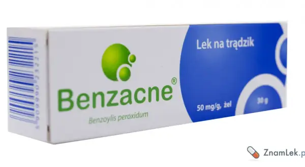 Opakowanie leku Benzacne, żelu na trądzik z nadtlenkiem benzoilu. Szukasz benzacne zamiennik? Ten lek może być dla Ciebie.