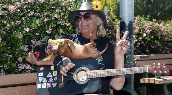 Mann mit Gitarre und Hund, ein Symbol der Hippie-Kultur. Friedenszeichen und Blumen schmücken den friedlichen Moment.