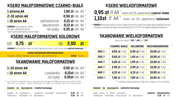 Cennik usług kserowania i skanowania. Ile kosztuje wydrukowanie plakatu? Ceny od 0,15 zł za stronę.