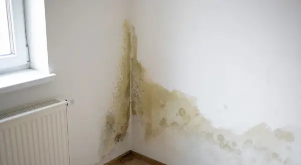 Widoczne dziwne plamy na ścianie w rogu pokoju, przypominające pleśń, rozciągają się od parapetu okiennego w dół.