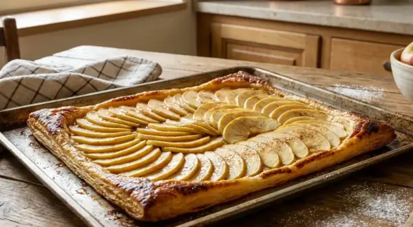 Une tarte aux pommes simple, aux fines tranches de pommes dorées sur une pâte feuilletée croustillante, prête à être dégustée.